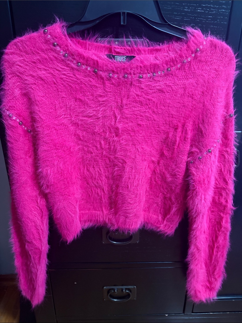 Truce Girls' Fuzzy Crewneck Sweater in Hot Pink with Bead Detail